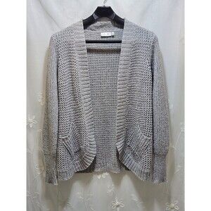 RD Style Womens Large Gray Cardigan Open Front Chunky Waffle Knit Stitch Ribbed
